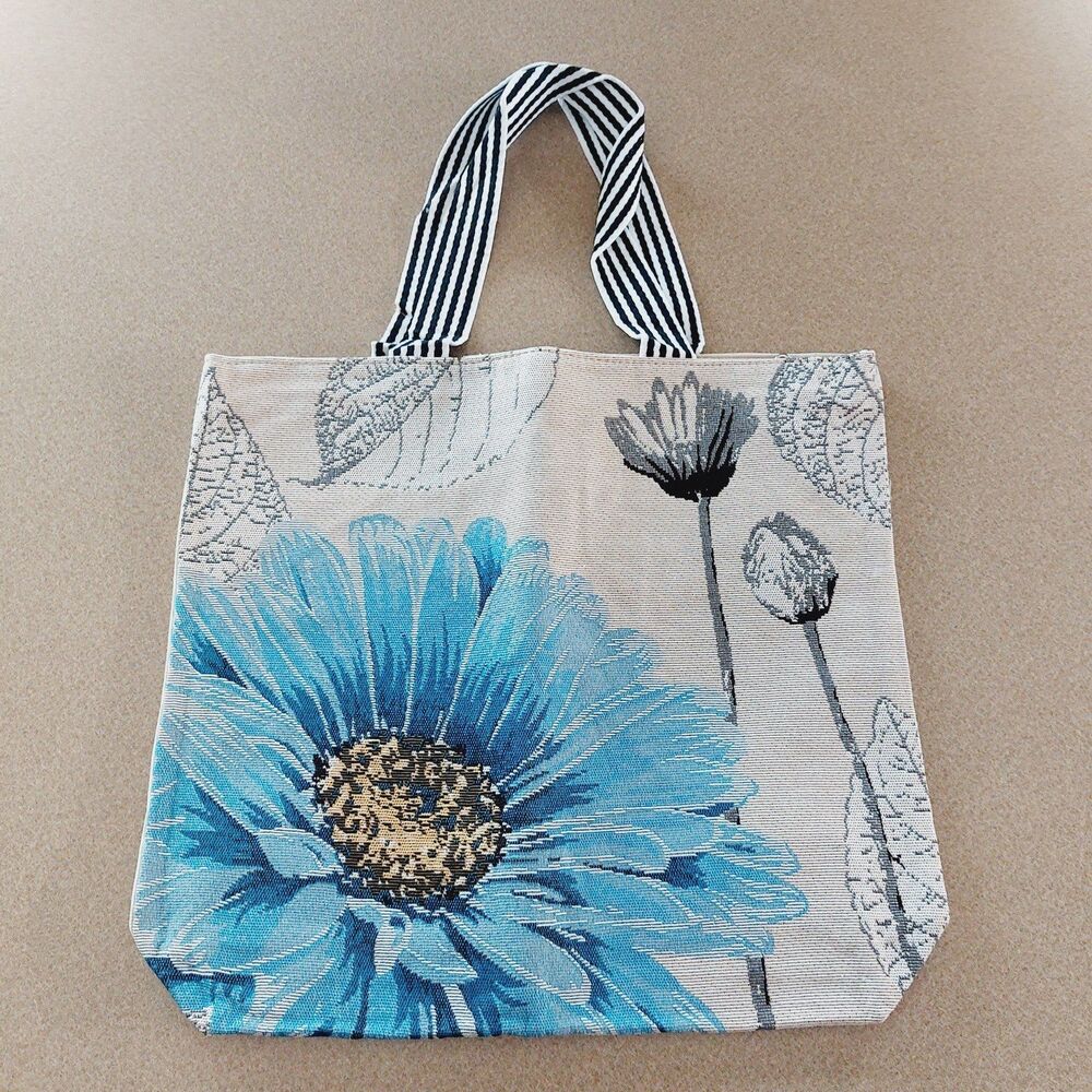 Canvas Tote Bag Blue Peony Flowers Beige w/ Black & White Handles Large Zippered